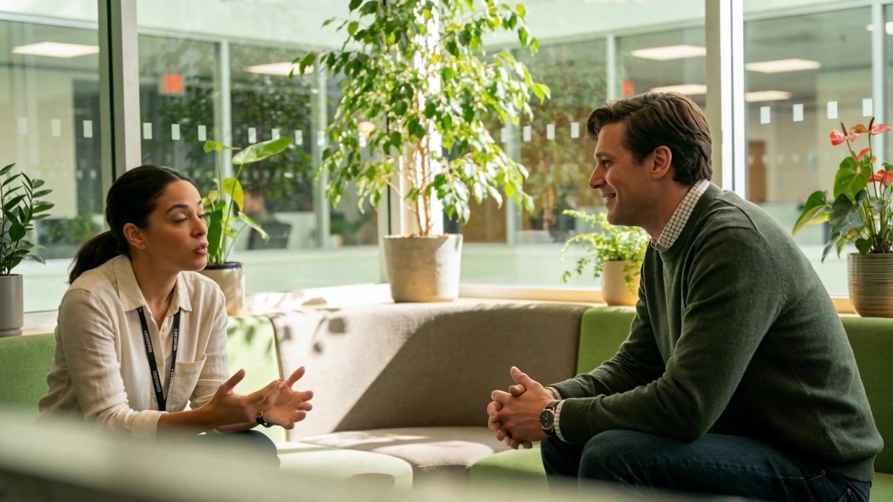 Explaining woman in white blouse leaning in and clarifying points in office lounge, man listening