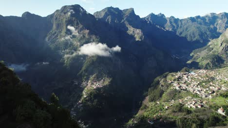 fotografía de un pequeño pueblo situado en un valle de montañas, cubierto por sombras y nubes blancas