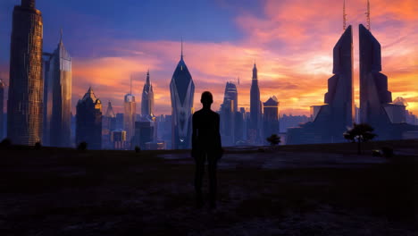 silhouette of a person overlooking a futuristic city at sunset