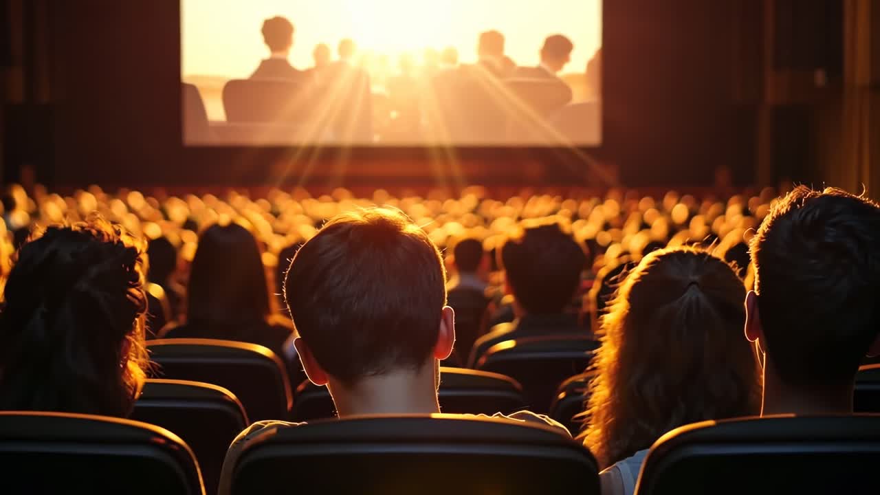 A rear-view angle captures an audience watching a video in a dimly lit theater, with warm lighting