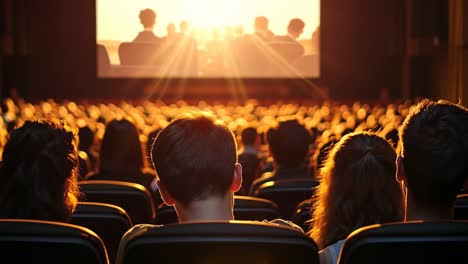 a rear-view angle captures an audience watching a video in a dimly lit theater, with warm lighting