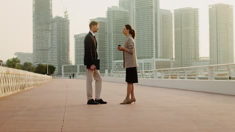 colegas de negocios discutiendo en el puente de la ciudad