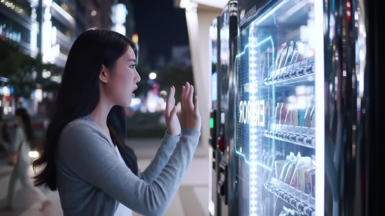 A Young Woman Stands in Front of a Vending Machine at Night, Contemplating Her Snack Choices Under Bright Neon Lights in a Bustling City Environment
