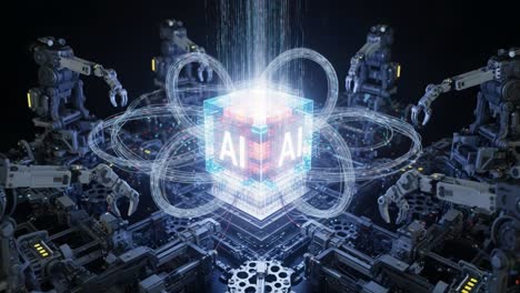 a mesmerizing visual of artificial intelligence representation, showcasing robots and a digital core glowing in the center, connected through intricate data streams and futuristic technology
