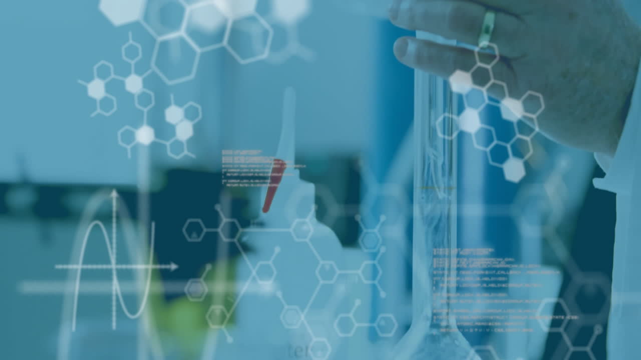 Animation of chemical formula and data processing over caucasian male scientist doing experiment