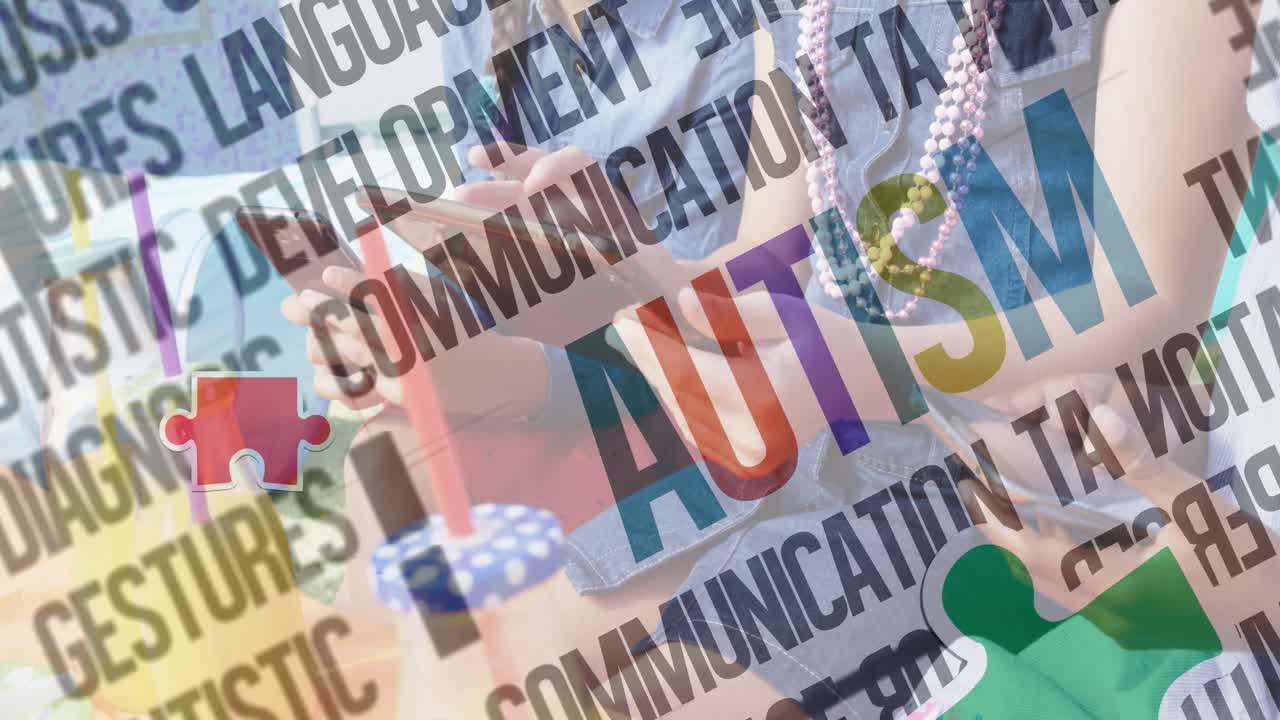 animación de piezas de rompecabezas coloridas y texto de autismo sobre amigos que usan teléfonos inteligentes y tabletas