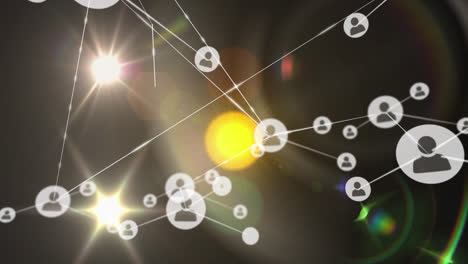 animation of network of connections with icons over light spots on black background