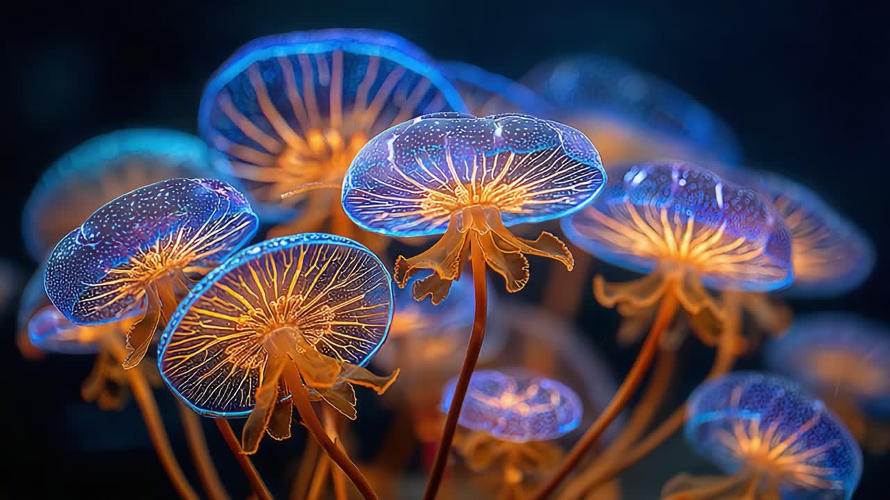 A Mesmerizing Display of Bioluminescent Jellyfish in a Serene Underwater Environment, Showcasing Their Intricate Patterns and Ethereal Glow