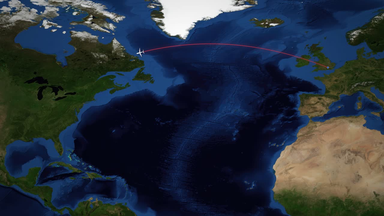 Satellite map animation tracks a commercial flight route from London to Chicago across Atlantic