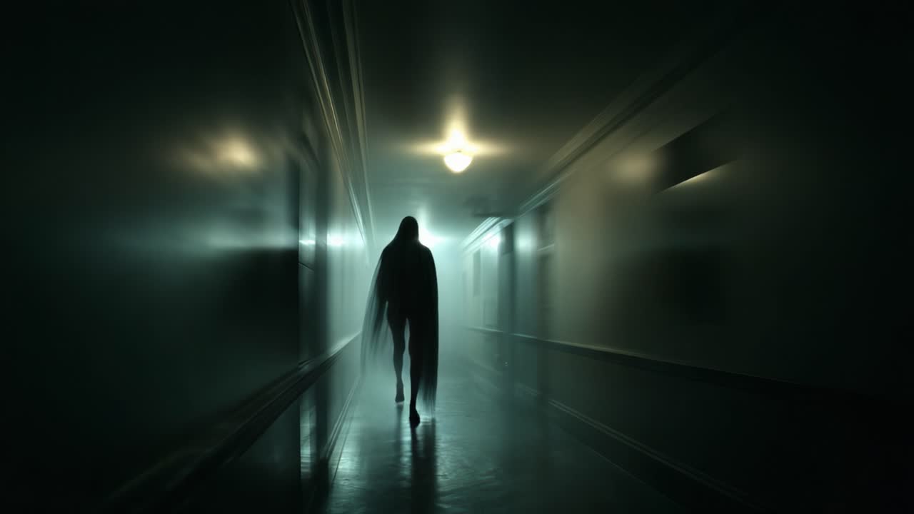 Mysterious Figure Emerges from Foggy Hallway, Creating an Eerie Atmosphere Full of Tension and Anticipation as Shadows Intertwine with Light