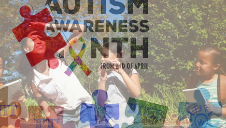 animation of autism awareness text and colorful puzzle pieces over happy playing children