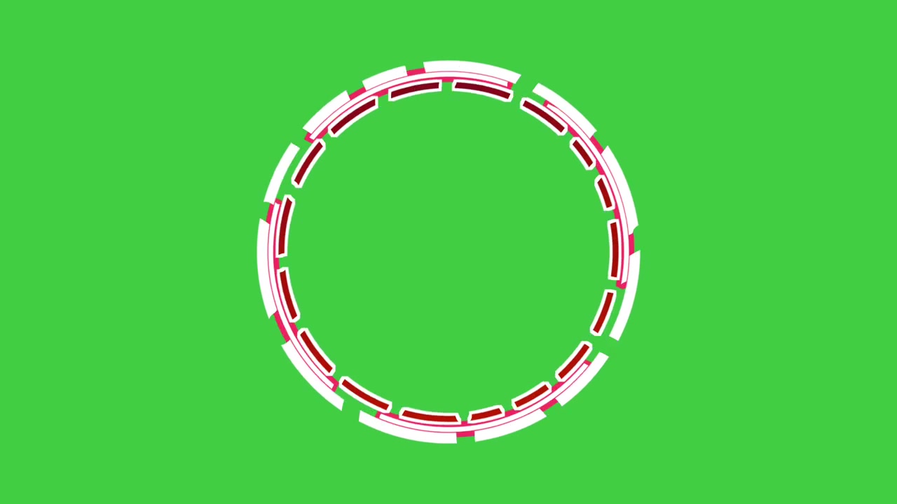 Animación de círculo con borde rojo y blanco girando lentamente en pantalla verde, gráficos en movimiento para elemento de video con espacio en blanco.