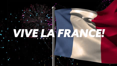 animación de vive la france texto y bandera francesa y fuegos artificiales