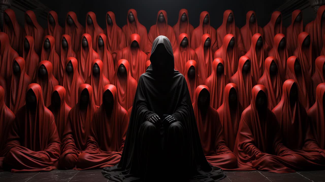 Enigmatic figure in black hooded cloak surrounded by red robes