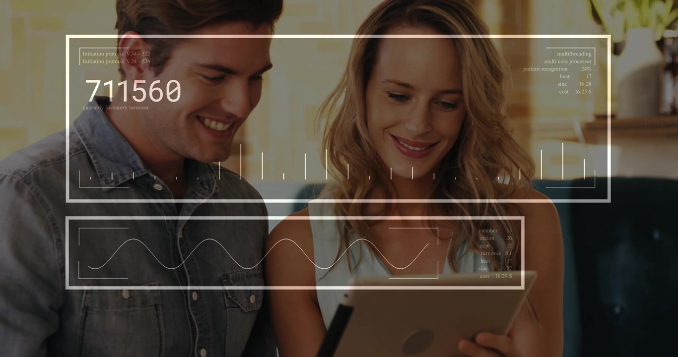 Donna e uomo che toccano un tablet, avviando una sovrapposizione tecnologica che mostra dati aggiornati e rivela una tendenza in un caffè.
