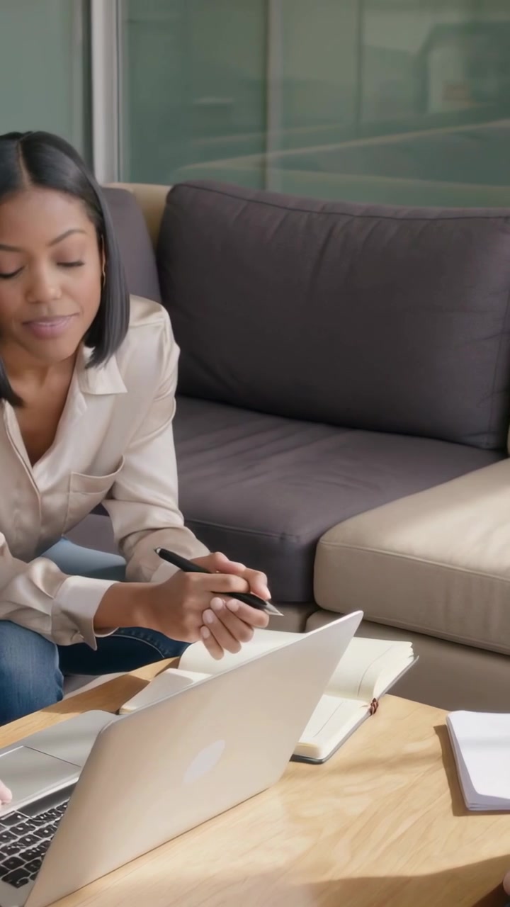 Video verticale: Si nota che digita, donna in camicetta e jeans appoggiata al divano che prende appunti accanto al laptop