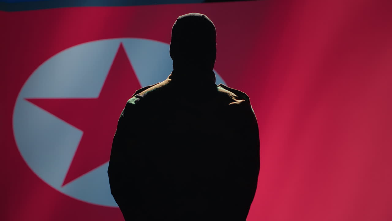 북한 국기를 향해 손을 휘두르며 인사를 하는 군인