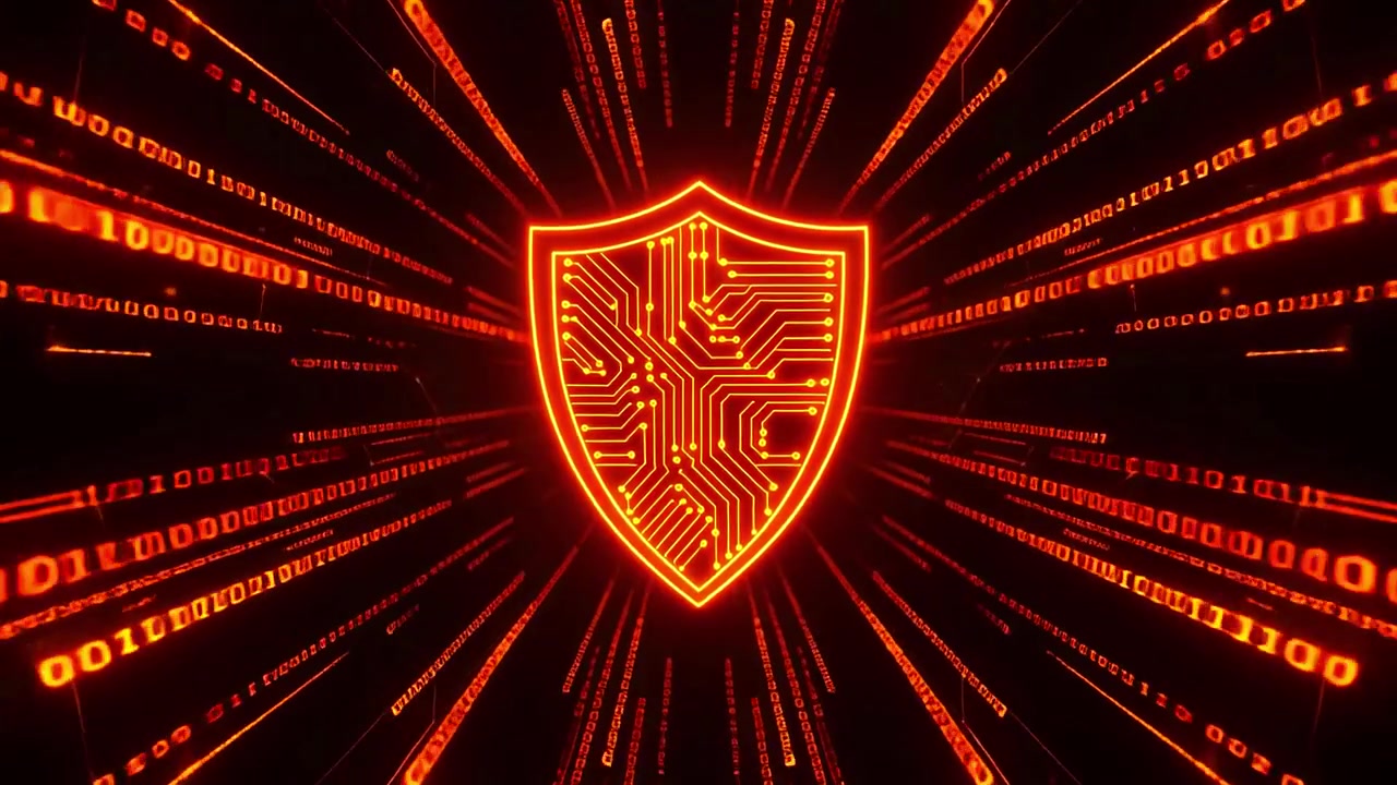 Scudo di sicurezza digitale luminoso con codice binario in streaming