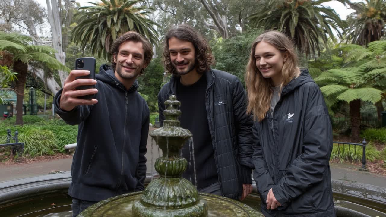 Three friends gather by a beautiful fountain in a lush park, capturing a joyful selfie together while surrounded by vibrant greenery and serene nature