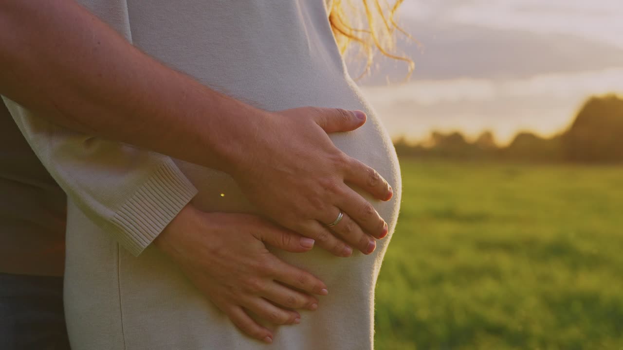 Couple embracing pregnant woman in a field at sunset