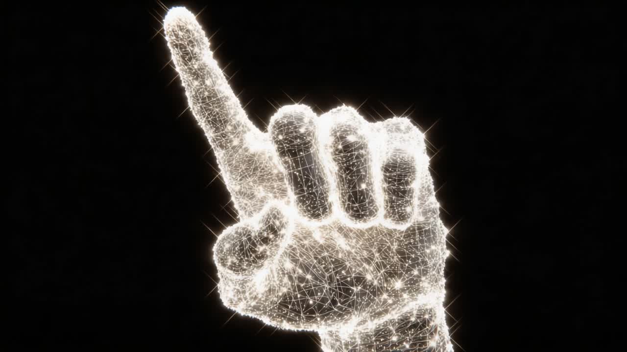 Un gesto della mano scintillante con un dito alzato, illuminato da stelle scintillanti su uno sfondo scuro, che simboleggia comunicazione e connessione in un regno digitale.