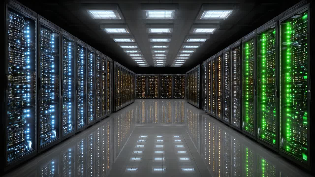 A Futuristic Data Center with Illuminated Server Racks Displaying a Spectrum of Colors in a High-Tech Environment