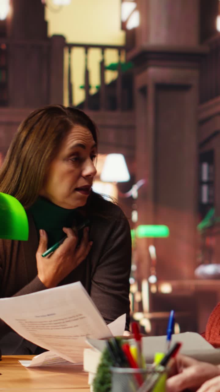 Vertical Video Mature performers engaged in drama rehearsal at the library