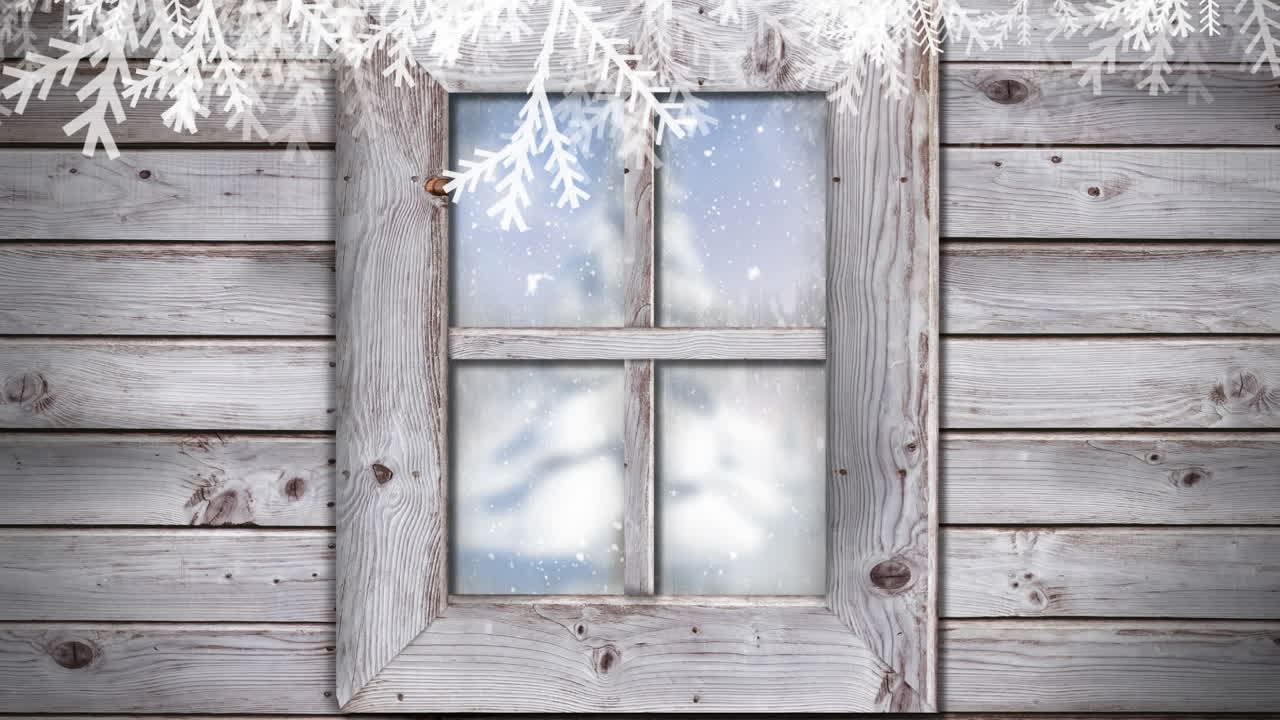 Animation of snow falling and fir tree with winter scenery seen through window