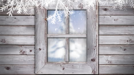 animation of snow falling and fir tree with winter scenery seen through window