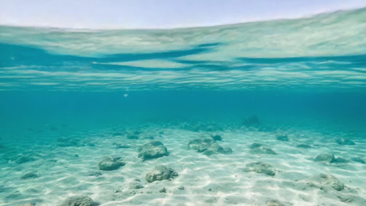 Exploring the Tranquil Underwater World: A Clear View of Sandy Ocean Floor and Rocks Beneath the Surface, Showcasing Serenity and Marine Life in Crystal Clear Waters