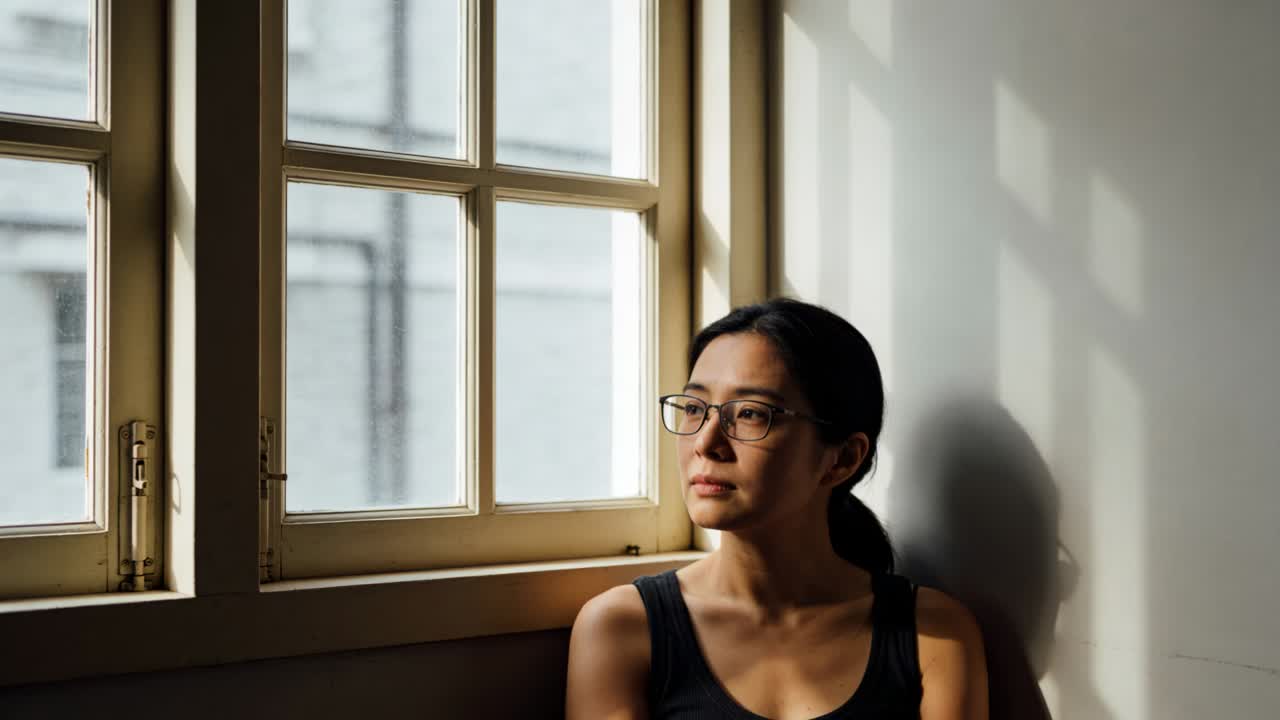 Turning woman on window ledge shifting gaze toward sun grid-shadow wall calm black top, copy space
