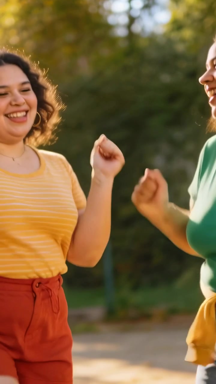 Video verticale: Due donne sorridenti che saltellano e camminano su un sentiero illuminato dal sole in un parco, una con un maglione giallo.