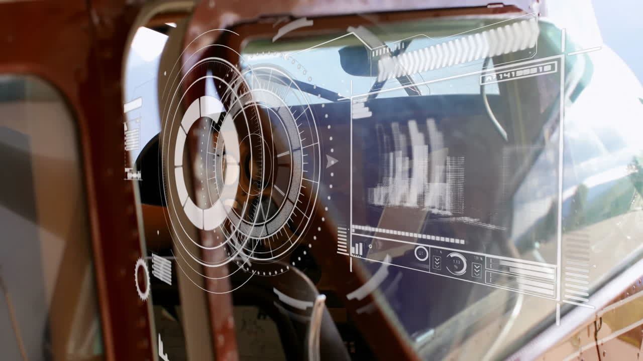Animation of futuristic digital interface on airplane cockpit window, displaying data