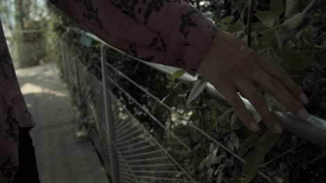 Woman-hand-touching-bridge-fence-in-a-beautiful-park,-close-up,-slow-motion