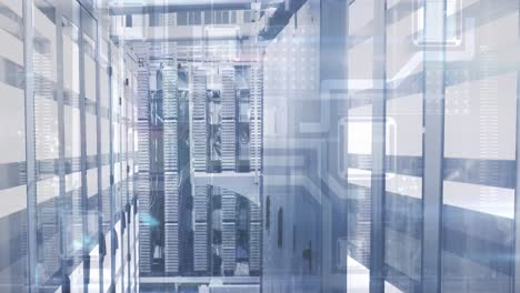 animación digital de las conexiones del microprocesador contra la sala de servidores vacía