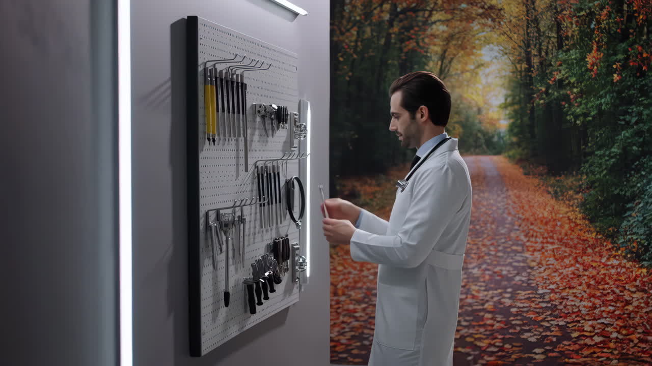 Doctor selecting surgical instruments on a pegboard with an autumn forest background
