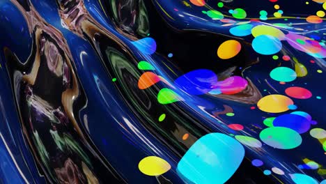 abstract looped background of shiny glossy surface like wavy transparent liquid with rainbow color circles float like drops of paint in oil. beautiful creative background with color gradient in 4k. 3d