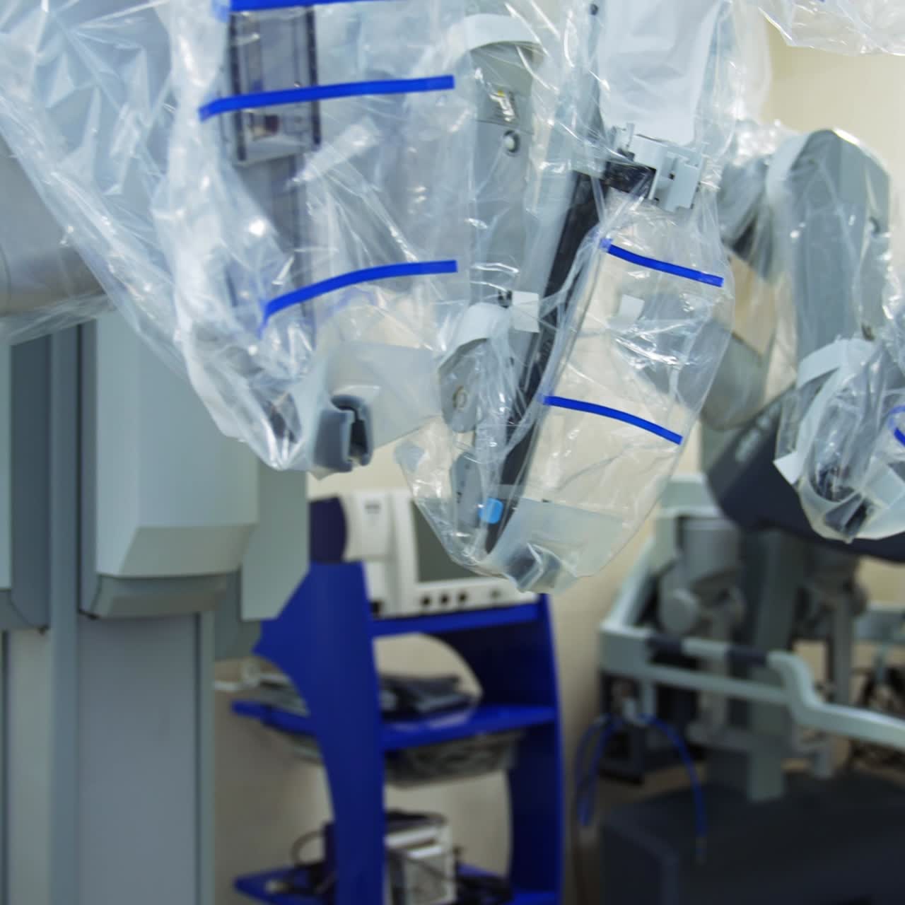 Advanced technological equipment in modern operational theatre. Futuristic robotic machines for minimal surgical invasion