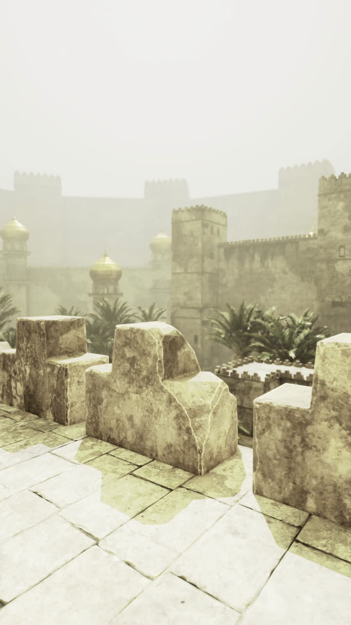 Ancient fortress courtyard with palm trees under misty sky