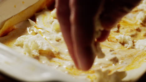 mano poniendo queso mozzarella como ingrediente durante la preparación de lasaña