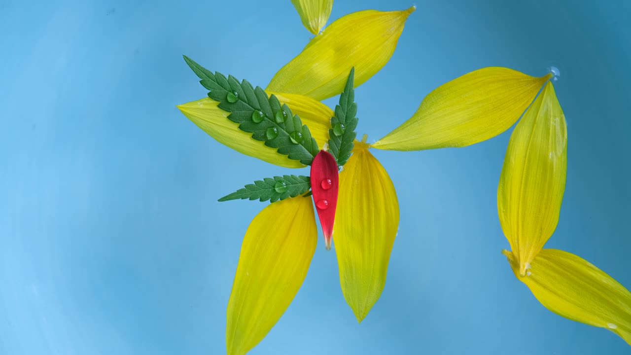 꽃잎이 떨어지는 배경: 파란색 배경에 물방울이 떨어지는 꽃잎