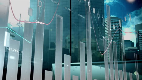 animation of statistical data processing against aerial view of tall buildings