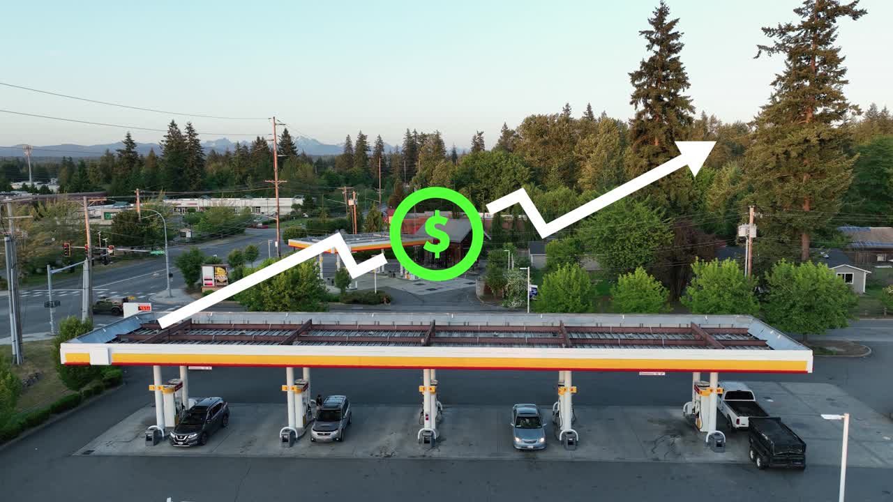 주유소 위의 가솔린 애니메이션의 증가하는 비용