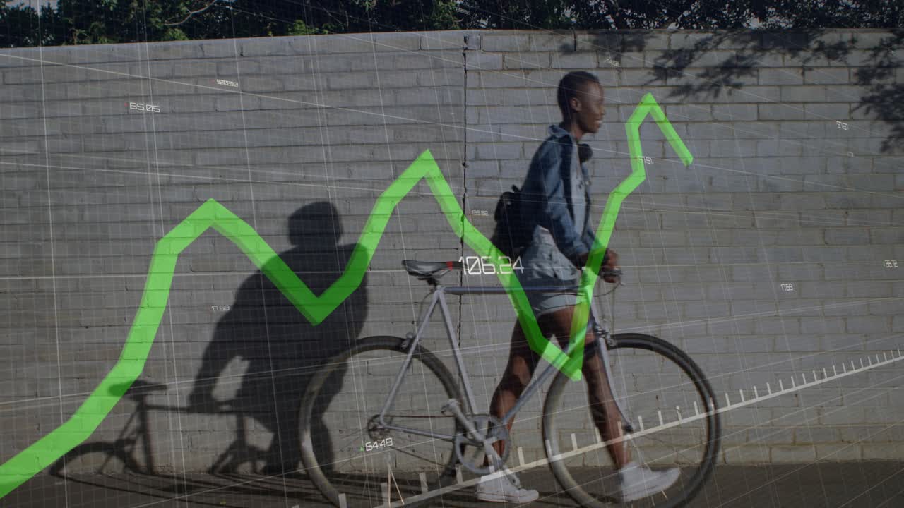 woman pushing bicycle along sidewalk activating fluctuating green line graph showing data analytics