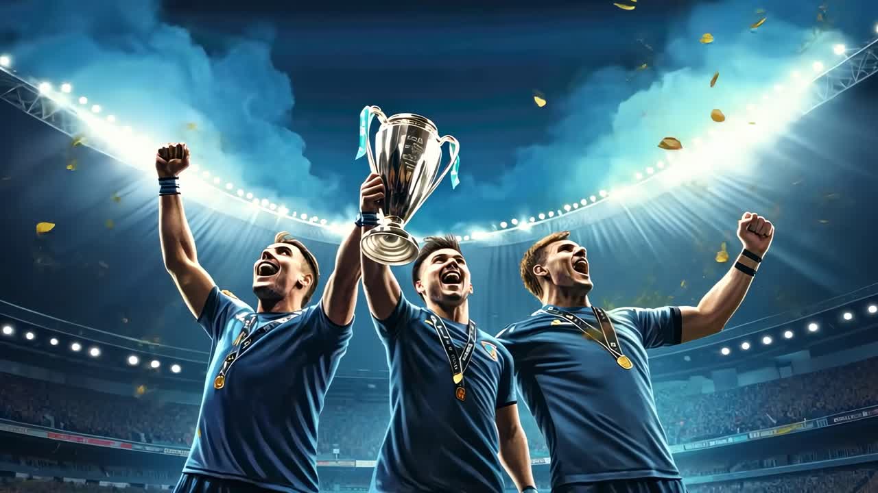 Three soccer players celebrate with a trophy in a stadium