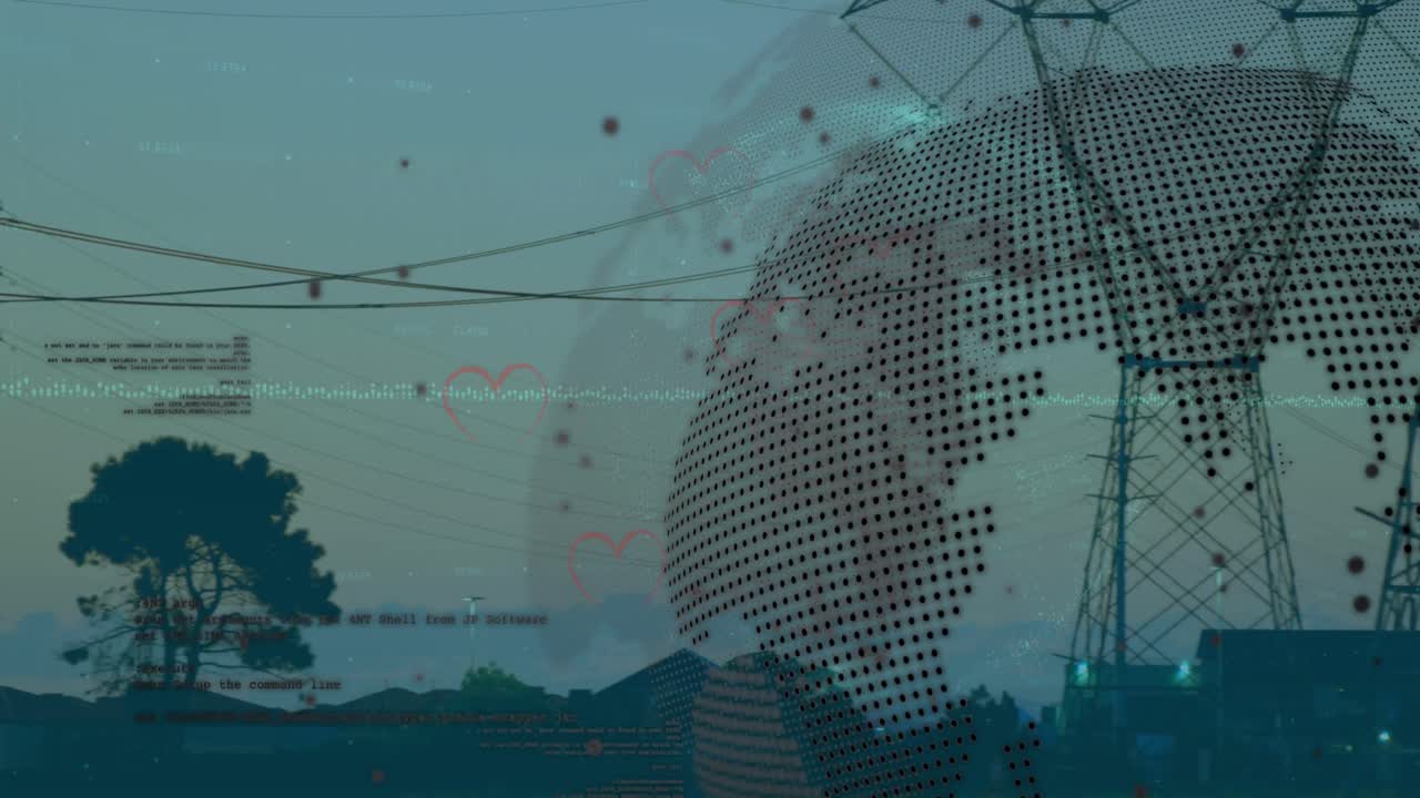 animación del globo y el lenguaje informático sobre torres de transmisión en campo verde contra el cielo