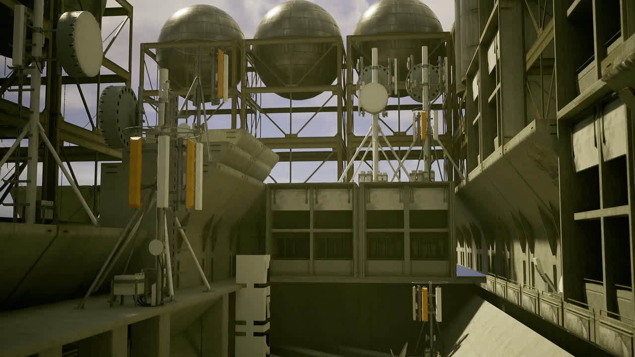 Daytime view of an industrial site with storage tanks and towers
