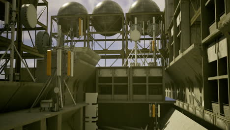 daytime view of an industrial site with storage tanks and towers