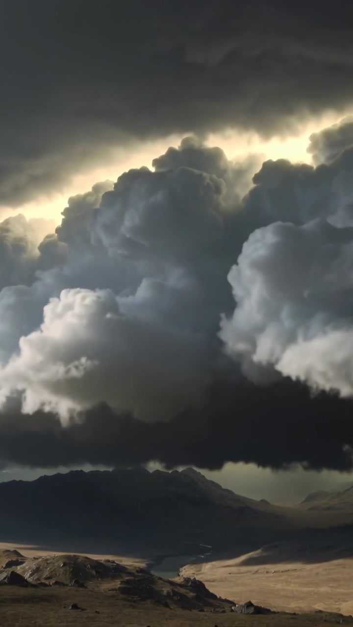 Vertical video: Growing storm cloud bank expanding over arid valley, backlighting sharpening edges