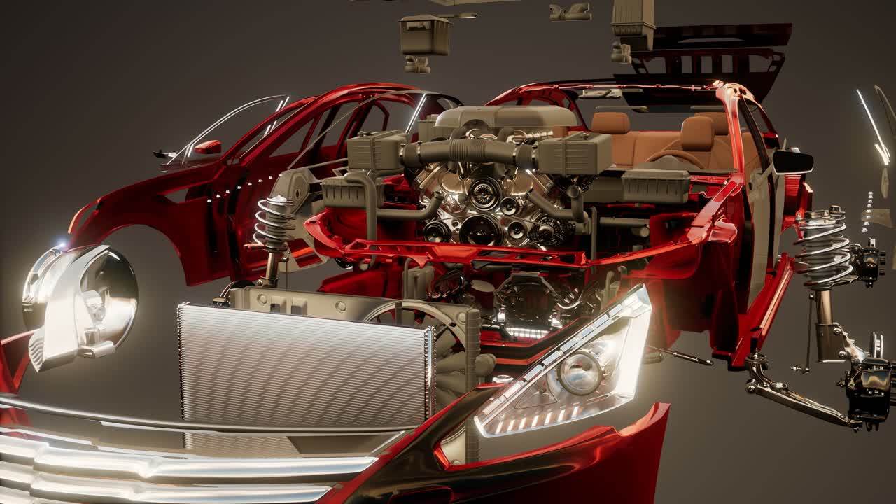 눈에 띄는 부분이 있는 분해된 자동차